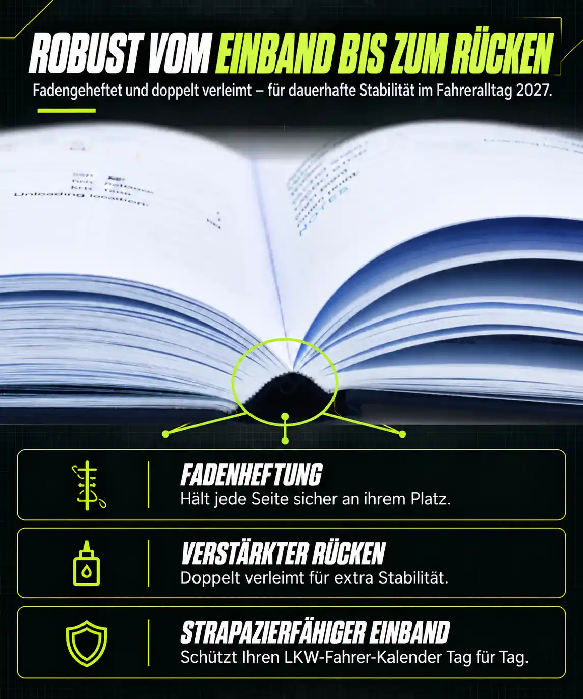 Infografik zum robusten Aufbau des LKW-Fahrer-Kalenders 2027 mit Fadenheftung, verstärktem Rücken und strapazierfähigem Einband.